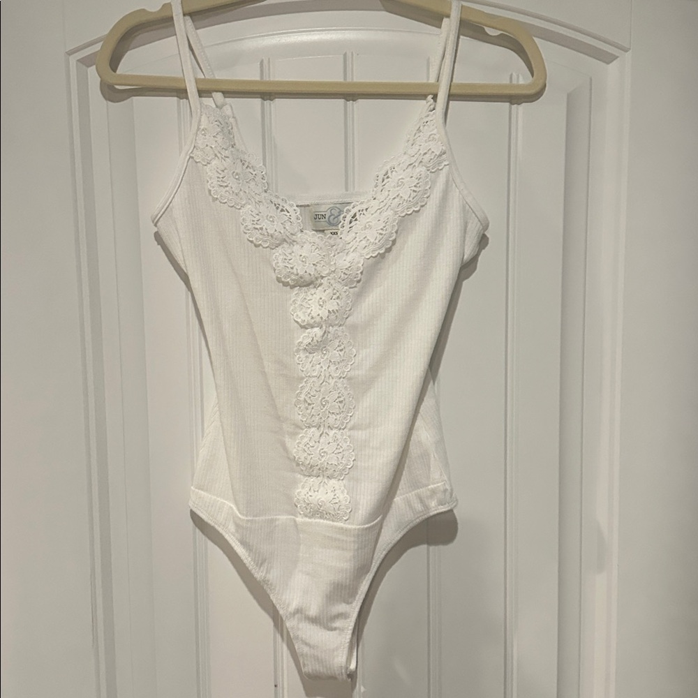 White Lace Trim Bodysuit